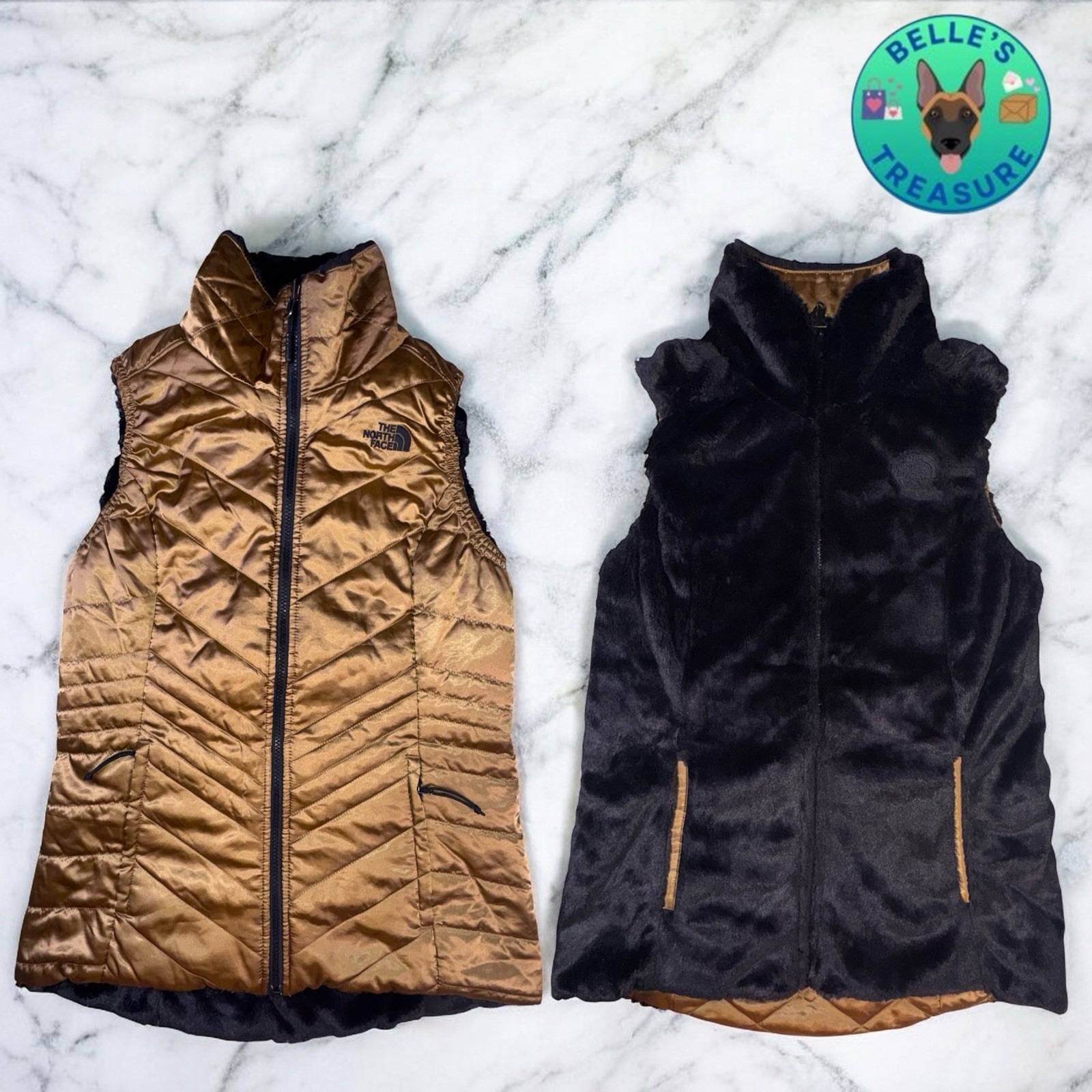 The North Face Vest Womens S Reversible Puffer Gold Mossbud Insulated Full Zip